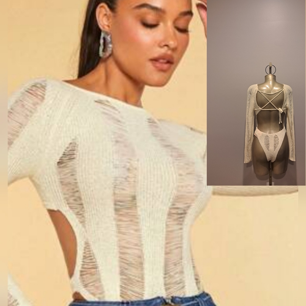 SheinBae Elegant Cream Long Sleeve Opened Ribbed Opened Tie Back Bodysuit